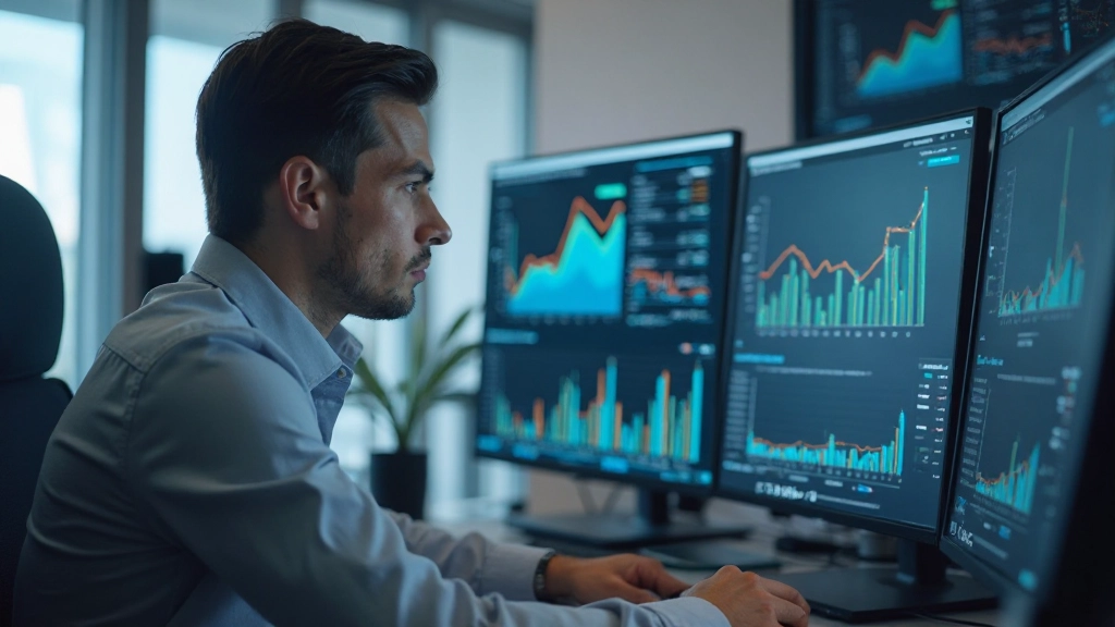 Аналитик изучает рыночные данные и статистику зарплат на компьютере