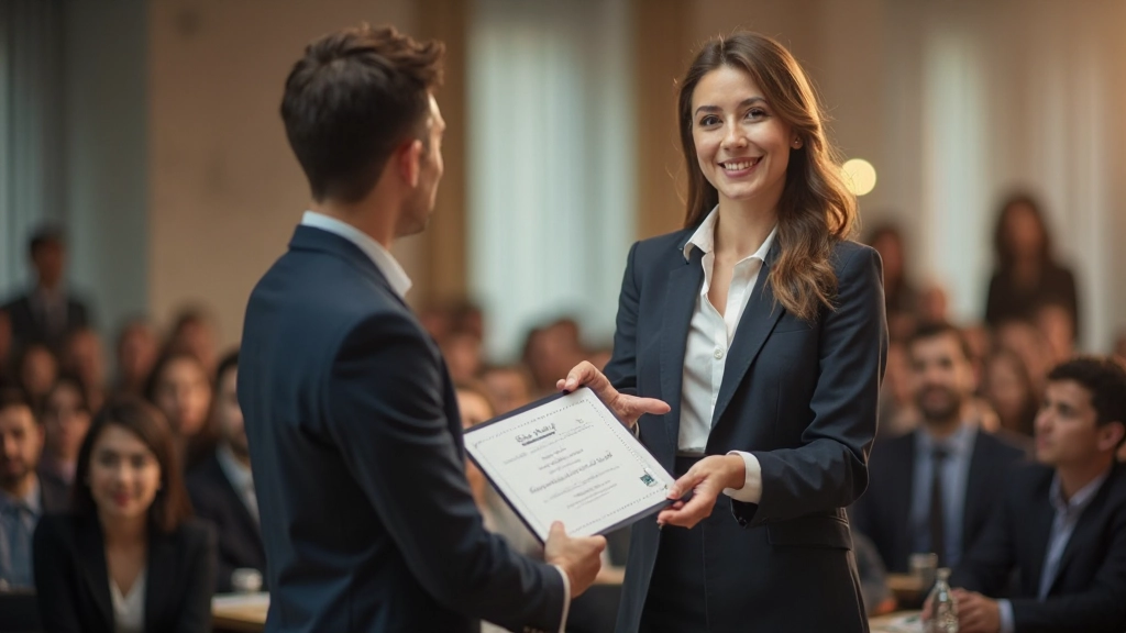 Профессионал получает сертификат об окончании курса повышения квалификации