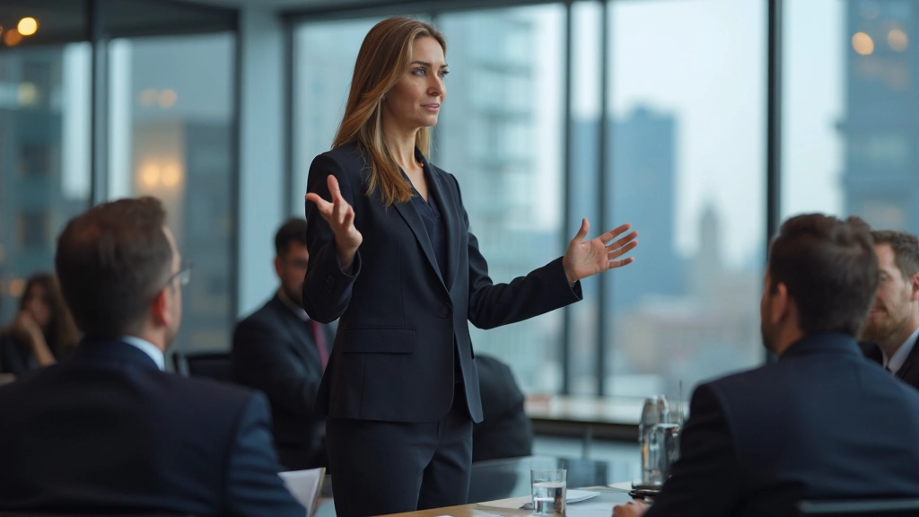 Профессиональный лидер проводит презентацию перед командой в современной переговорной